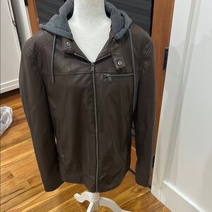 Guess Brown and Gray Lightweight faux leather Jacket with Hood